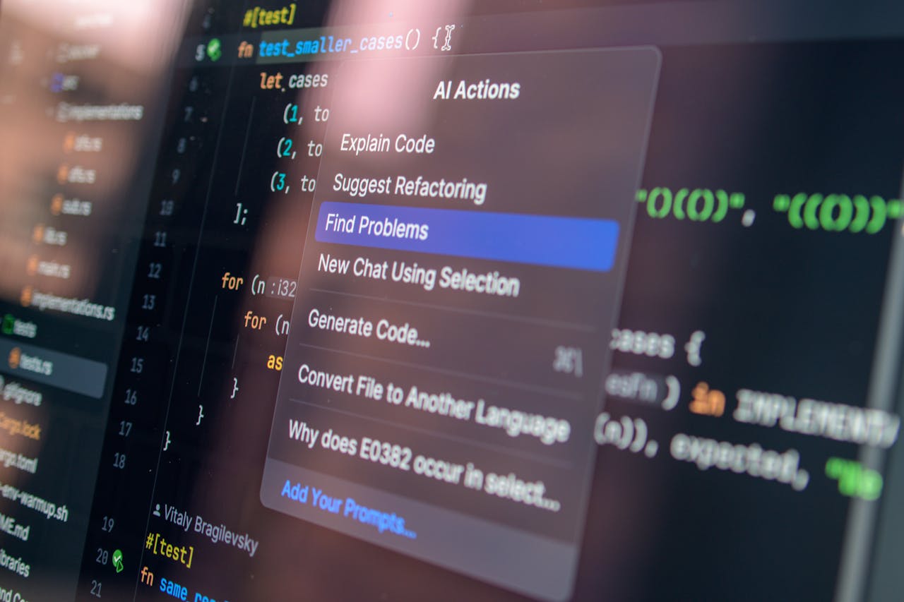 about-01 Close-up of AI-assisted coding with menu options for debugging and problem-solving.